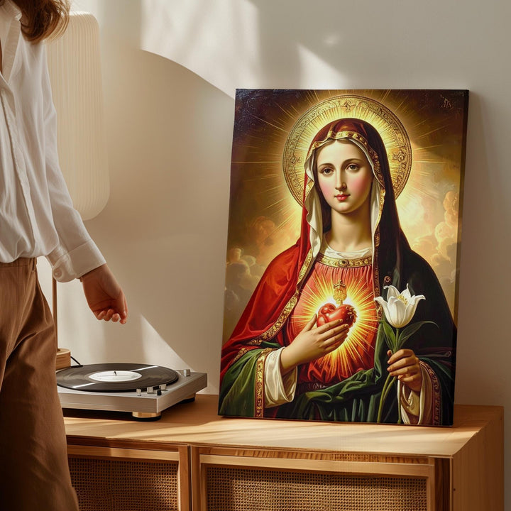 Immaculate Heart of Mary Canvas – Lily, Golden Halo & Red-Green Robes - Gifitto