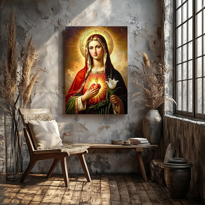 Immaculate Heart of Mary Canvas – Lily, Golden Halo & Red-Green Robes - Gifitto