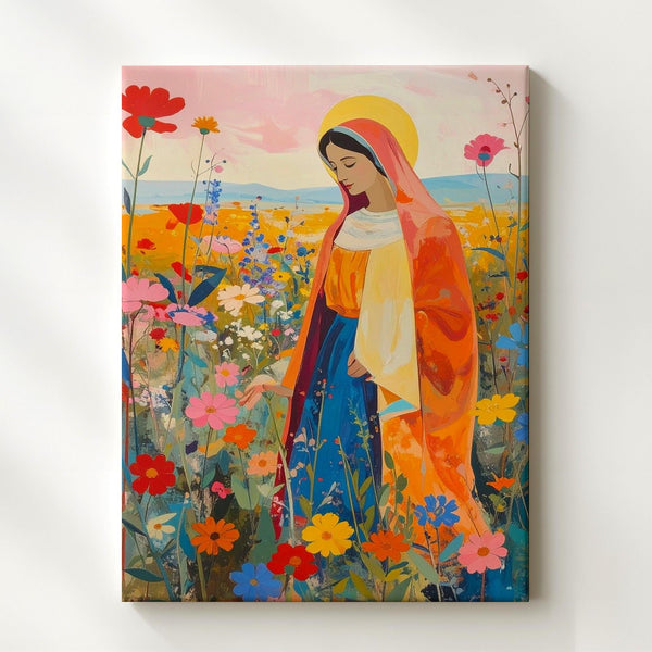 Virgin Mary in Floral Field Canvas – Folk Art Style with Vibrant Robes - Gifitto