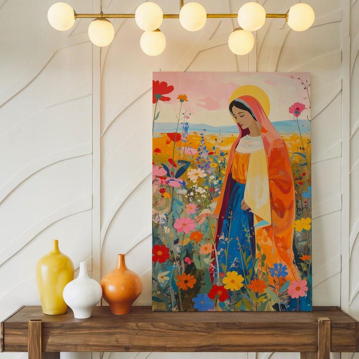 Virgin Mary in Floral Field Canvas – Folk Art Style with Vibrant Robes - Gifitto