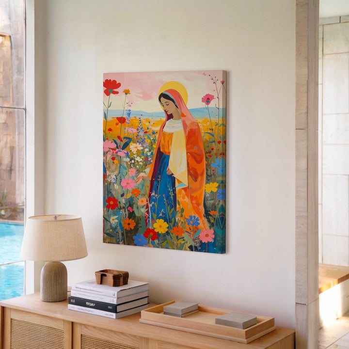 Virgin Mary in Floral Field Canvas – Folk Art Style with Vibrant Robes - Gifitto