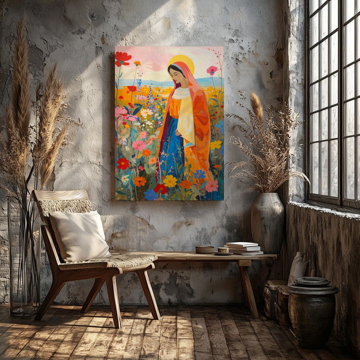 Virgin Mary in Floral Field Canvas – Folk Art Style with Vibrant Robes - Gifitto