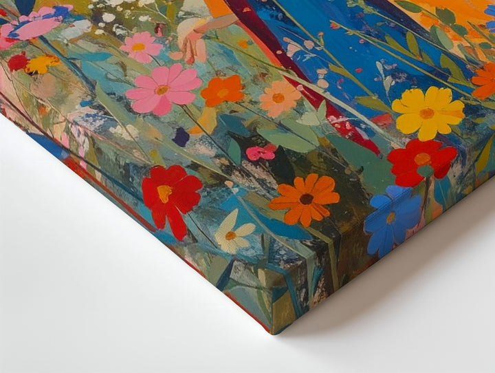 Virgin Mary in Floral Field Canvas – Folk Art Style with Vibrant Robes - Gifitto