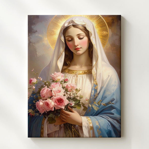 Virgin Mary with Roses Canvas – Soft Blue Robe & Golden Halo Portrait - Gifitto