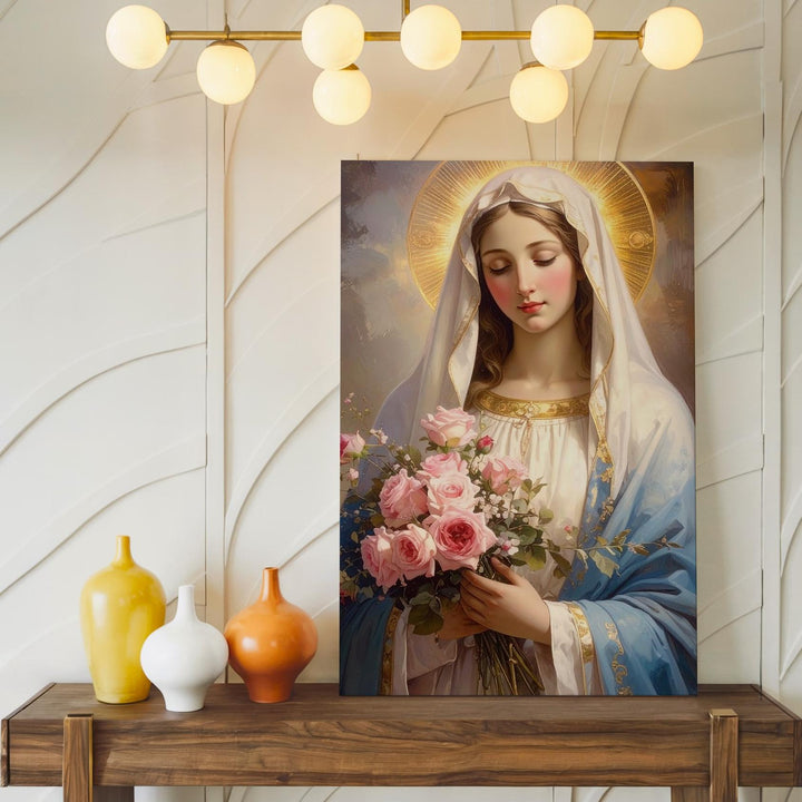 Virgin Mary with Roses Canvas – Soft Blue Robe & Golden Halo Portrait - Gifitto