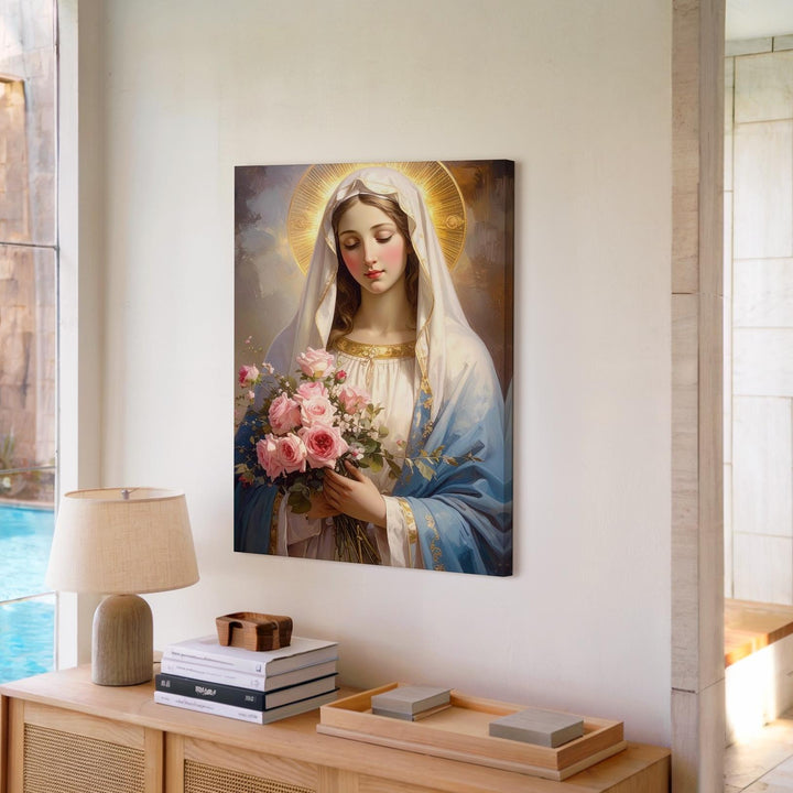 Virgin Mary with Roses Canvas – Soft Blue Robe & Golden Halo Portrait - Gifitto