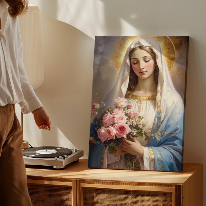 Virgin Mary with Roses Canvas – Soft Blue Robe & Golden Halo Portrait - Gifitto