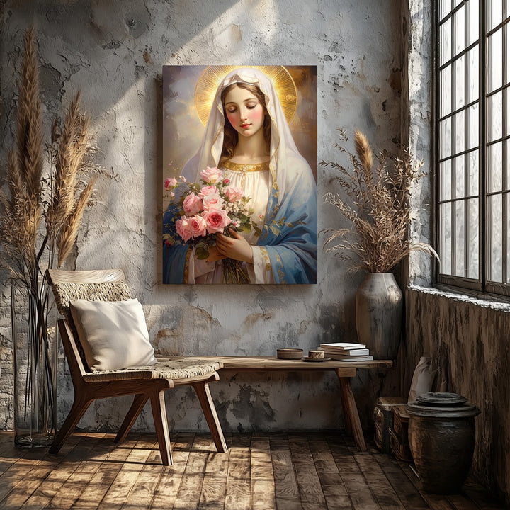 Virgin Mary with Roses Canvas – Soft Blue Robe & Golden Halo Portrait - Gifitto