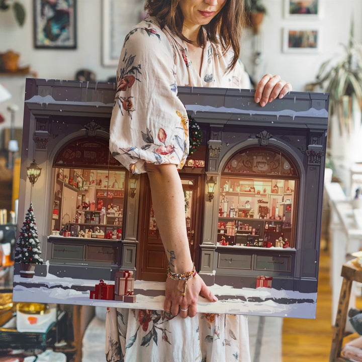Christmas Toy Shop Canvas – Vintage Holiday Storefront with Glowing Magic - Gifitto
