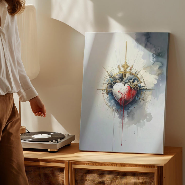 Sacred Heart of Jesus Canvas – Watercolor Glow with Thorns & Light Rays - Gifitto