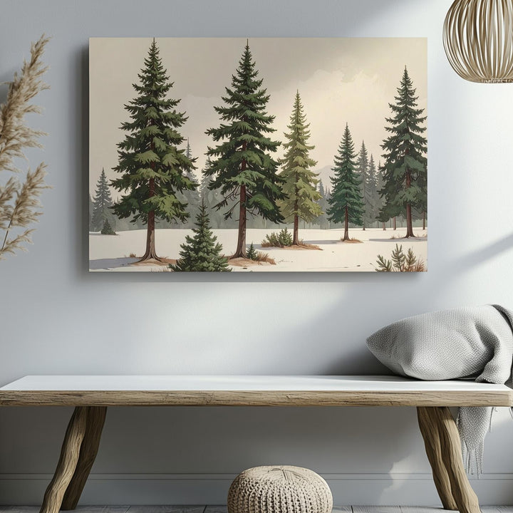 Watercolor Pine Row Canvas – Minimalist Evergreen Nature Art - Gifitto