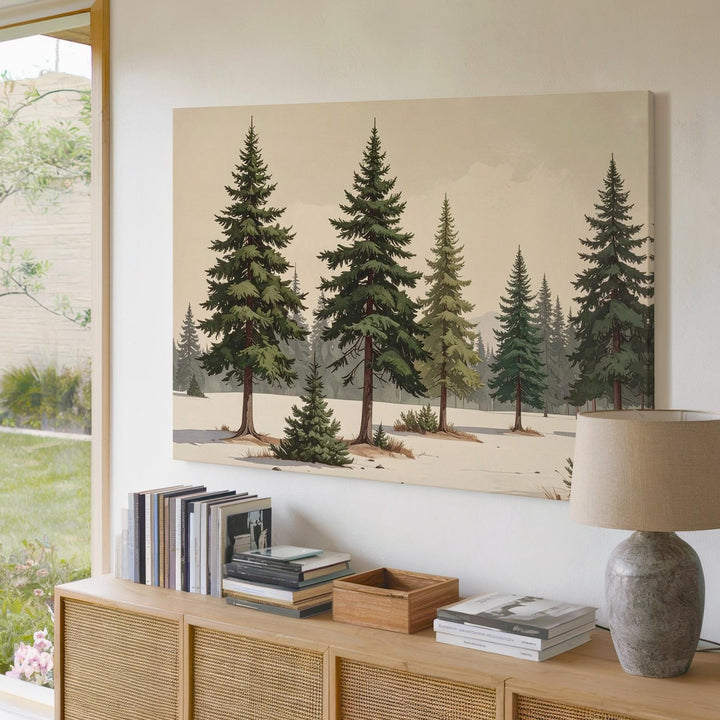 Watercolor Pine Row Canvas – Minimalist Evergreen Nature Art - Gifitto