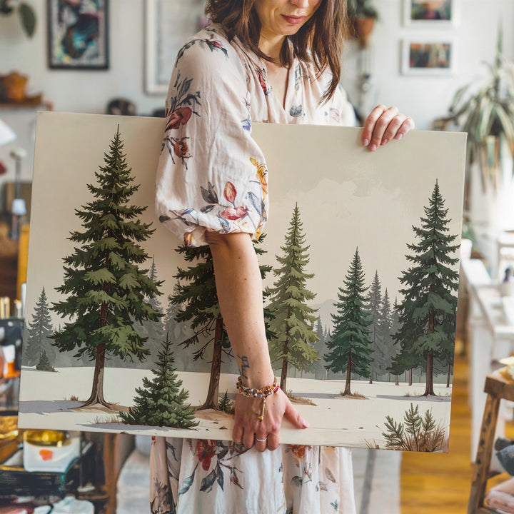 Watercolor Pine Row Canvas – Minimalist Evergreen Nature Art - Gifitto