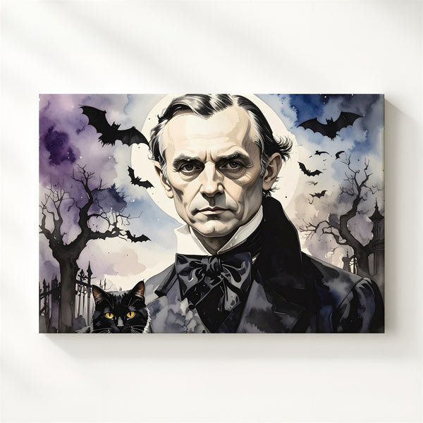 Edgar Allan Poe Watercolor Portrait Canvas – Gothic Halloween Literary Art - Gifitto