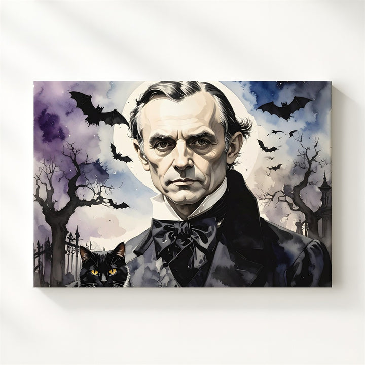 Edgar Allan Poe Watercolor Portrait Canvas – Gothic Halloween Literary Art - Gifitto