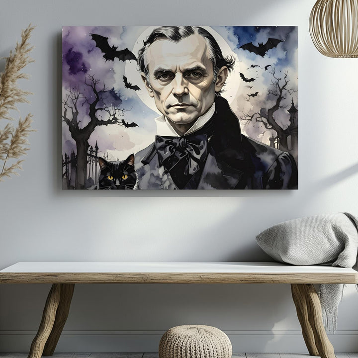 Edgar Allan Poe Watercolor Portrait Canvas – Gothic Halloween Literary Art - Gifitto