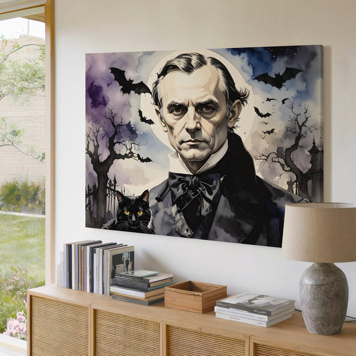 Edgar Allan Poe Watercolor Portrait Canvas – Gothic Halloween Literary Art - Gifitto