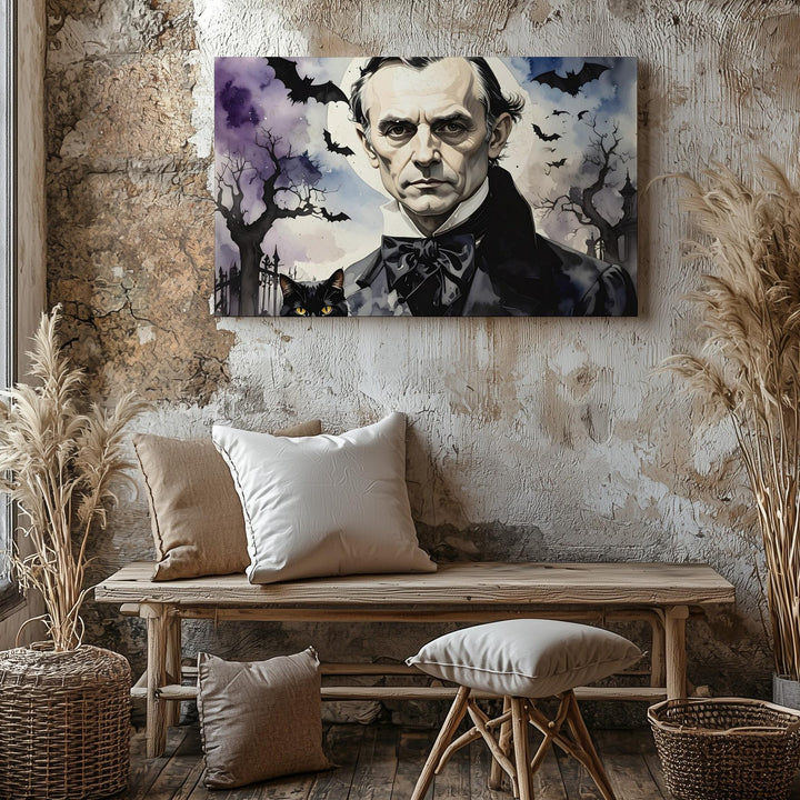 Edgar Allan Poe Watercolor Portrait Canvas – Gothic Halloween Literary Art - Gifitto