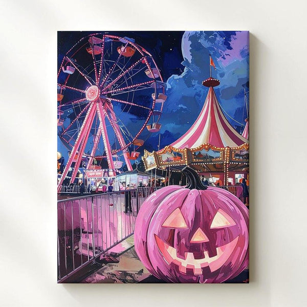 Whimsical Carnival Canvas – Ferris Wheel & Pink Jack-o’-Lantern Art - Gifitto