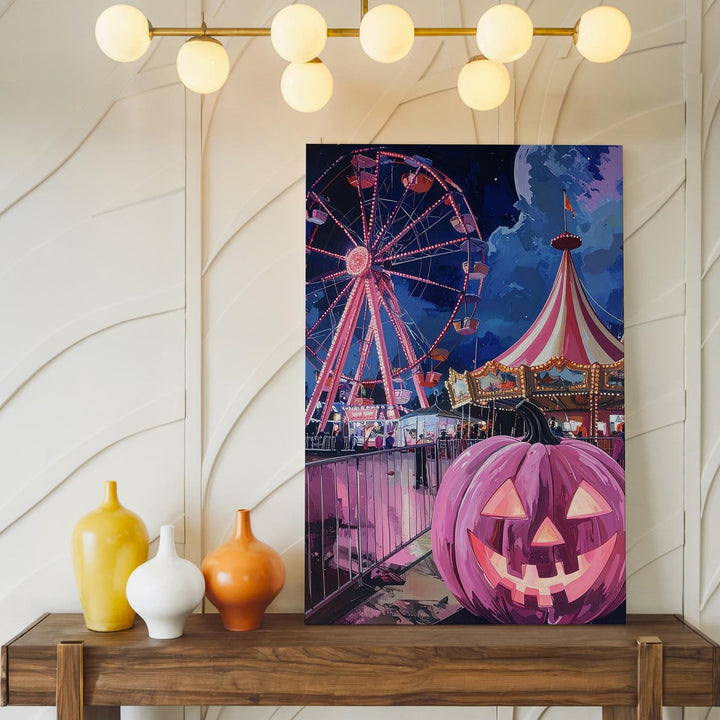Whimsical Carnival Canvas – Ferris Wheel & Pink Jack-o’-Lantern Art - Gifitto