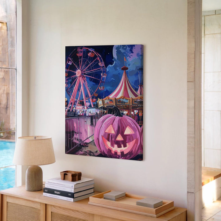 Whimsical Carnival Canvas – Ferris Wheel & Pink Jack-o’-Lantern Art - Gifitto