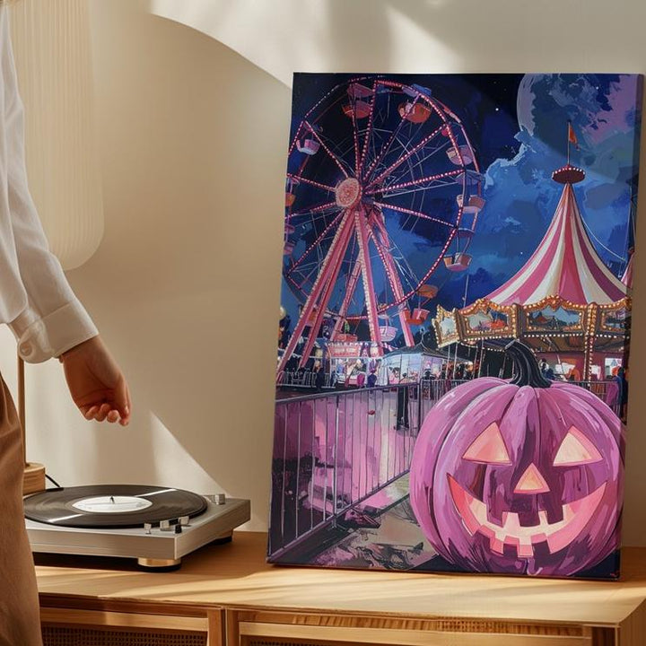 Whimsical Carnival Canvas – Ferris Wheel & Pink Jack-o’-Lantern Art - Gifitto