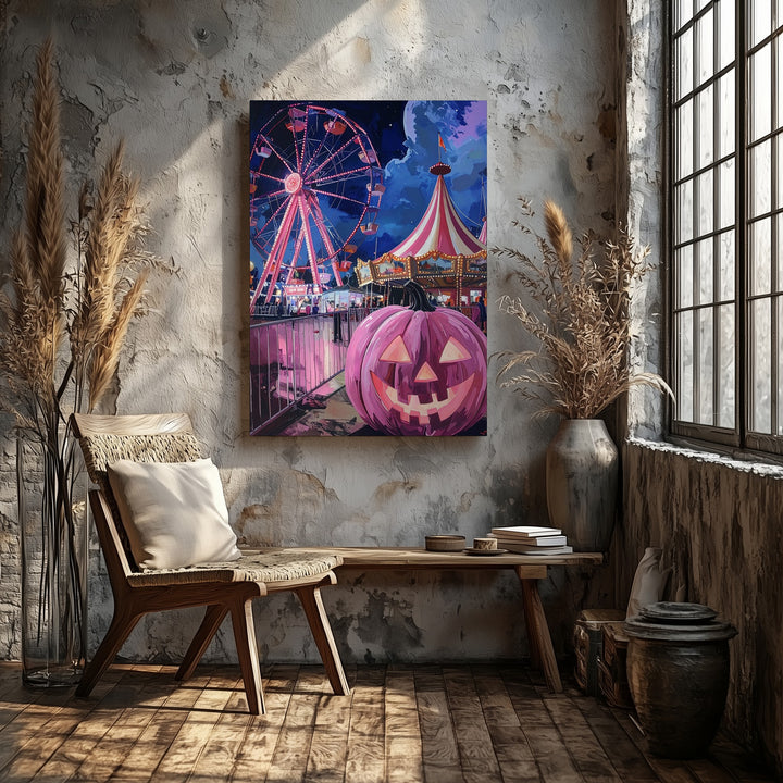 Whimsical Carnival Canvas – Ferris Wheel & Pink Jack-o’-Lantern Art - Gifitto