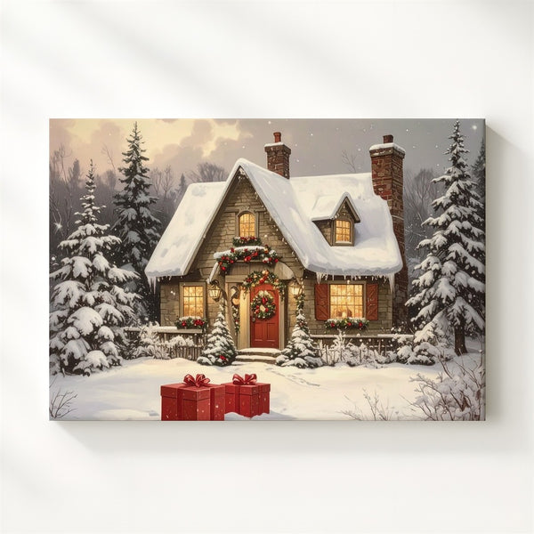 Cozy Christmas Cottage Canvas – Snowy Storybook Home with Warm Lights - Gifitto