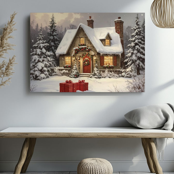 Cozy Christmas Cottage Canvas – Snowy Storybook Home with Warm Lights - Gifitto
