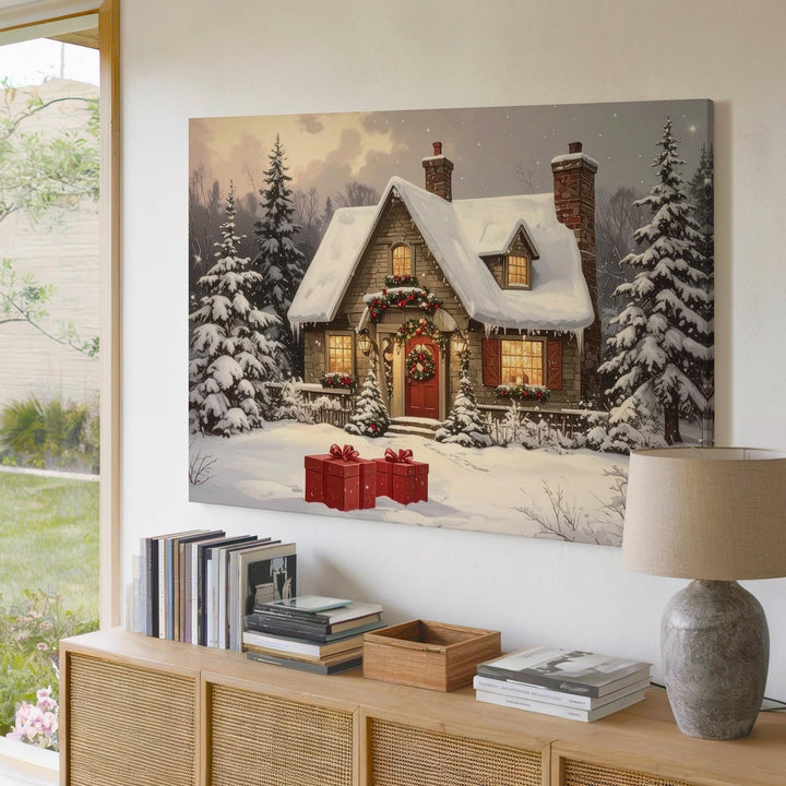 Cozy Christmas Cottage Canvas – Snowy Storybook Home with Warm Lights - Gifitto