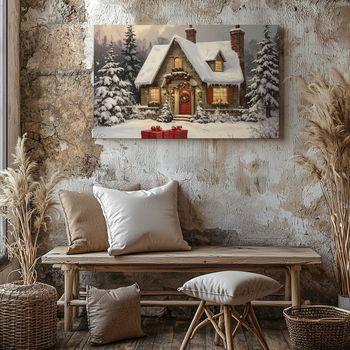 Cozy Christmas Cottage Canvas – Snowy Storybook Home with Warm Lights - Gifitto