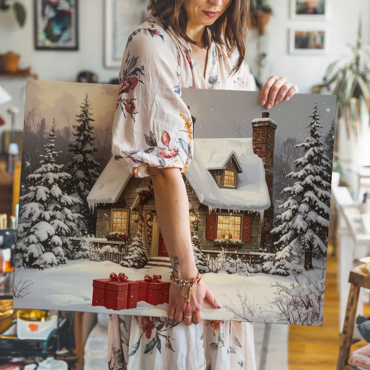 Cozy Christmas Cottage Canvas – Snowy Storybook Home with Warm Lights - Gifitto