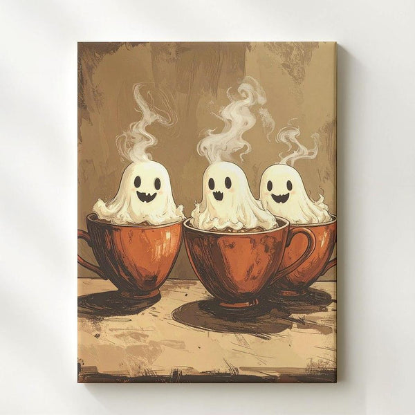Ghosts in Mugs Canvas – Whimsical Halloween Coffee & Spirits Wall Art - Gifitto