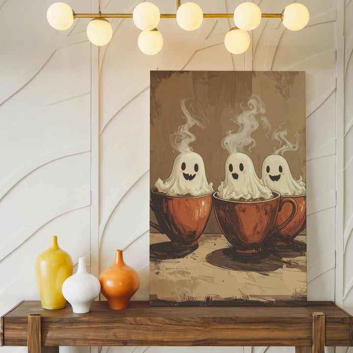 Ghosts in Mugs Canvas – Whimsical Halloween Coffee & Spirits Wall Art - Gifitto