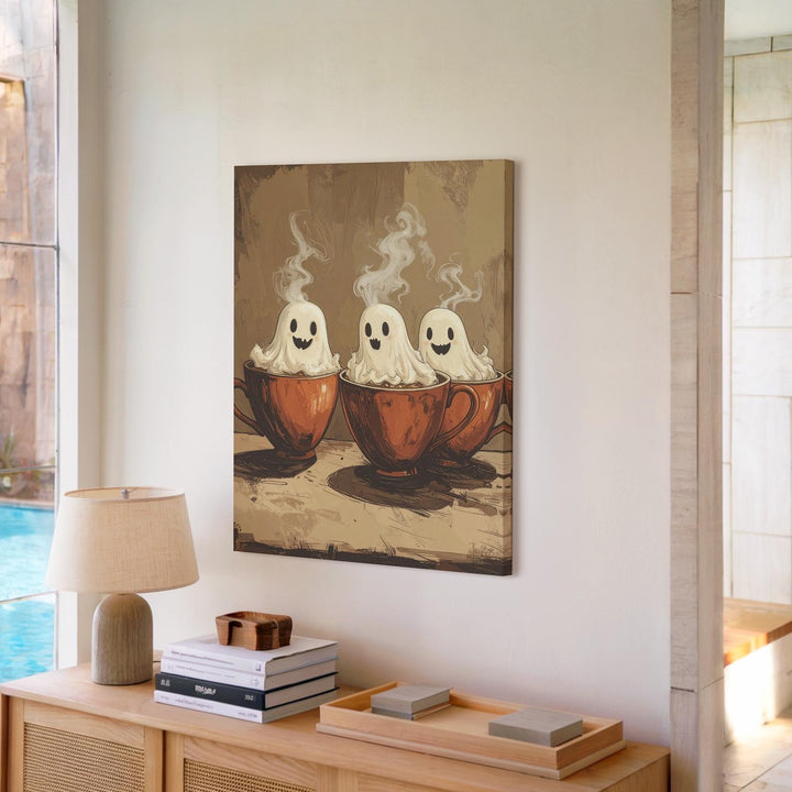 Ghosts in Mugs Canvas – Whimsical Halloween Coffee & Spirits Wall Art - Gifitto