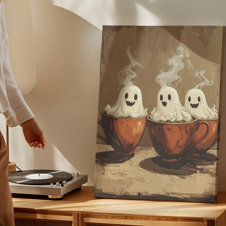 Ghosts in Mugs Canvas – Whimsical Halloween Coffee & Spirits Wall Art - Gifitto