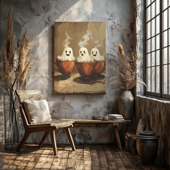 Ghosts in Mugs Canvas – Whimsical Halloween Coffee & Spirits Wall Art - Gifitto