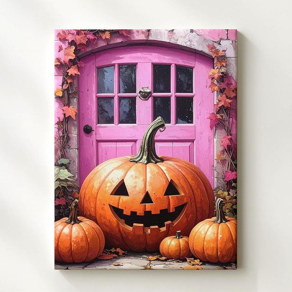 Whimsical Pumpkin Porch Canvas – Pink Door Halloween Storybook Art - Gifitto