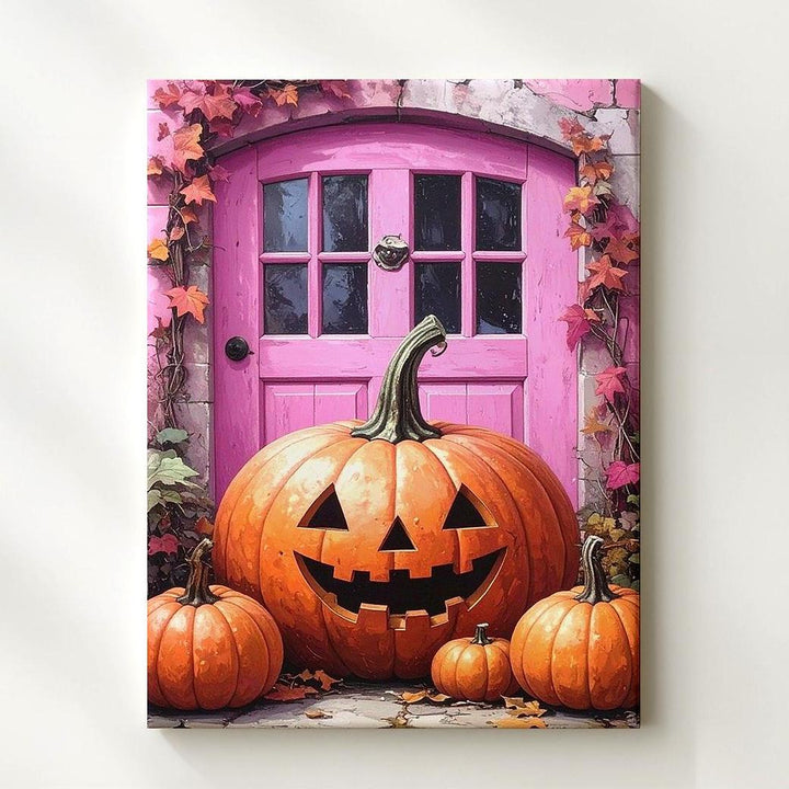Whimsical Pumpkin Porch Canvas – Pink Door Halloween Storybook Art - Gifitto