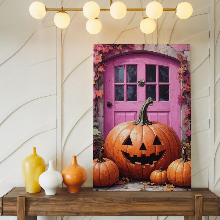 Whimsical Pumpkin Porch Canvas – Pink Door Halloween Storybook Art - Gifitto