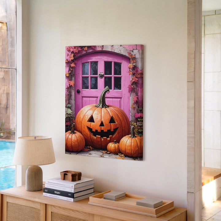 Whimsical Pumpkin Porch Canvas – Pink Door Halloween Storybook Art - Gifitto