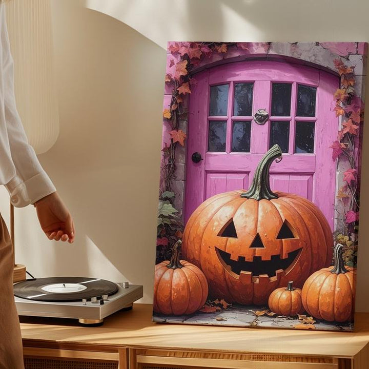 Whimsical Pumpkin Porch Canvas – Pink Door Halloween Storybook Art - Gifitto