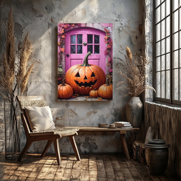 Whimsical Pumpkin Porch Canvas – Pink Door Halloween Storybook Art - Gifitto