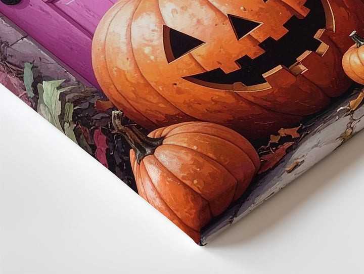 Whimsical Pumpkin Porch Canvas – Pink Door Halloween Storybook Art - Gifitto
