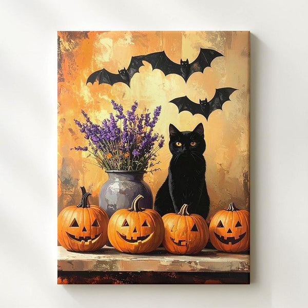 Whimsical Pumpkin & Cat Canvas – Cozy Halloween Folk Art Vignette - Gifitto