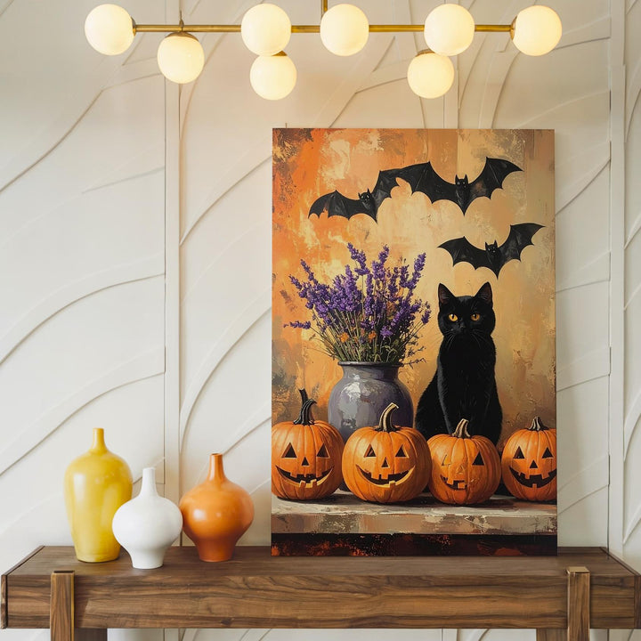 Whimsical Pumpkin & Cat Canvas – Cozy Halloween Folk Art Vignette - Gifitto