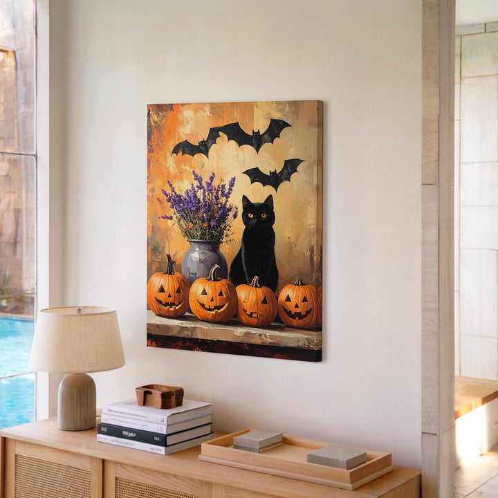 Whimsical Pumpkin & Cat Canvas – Cozy Halloween Folk Art Vignette - Gifitto