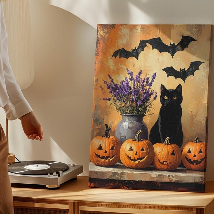 Whimsical Pumpkin & Cat Canvas – Cozy Halloween Folk Art Vignette - Gifitto