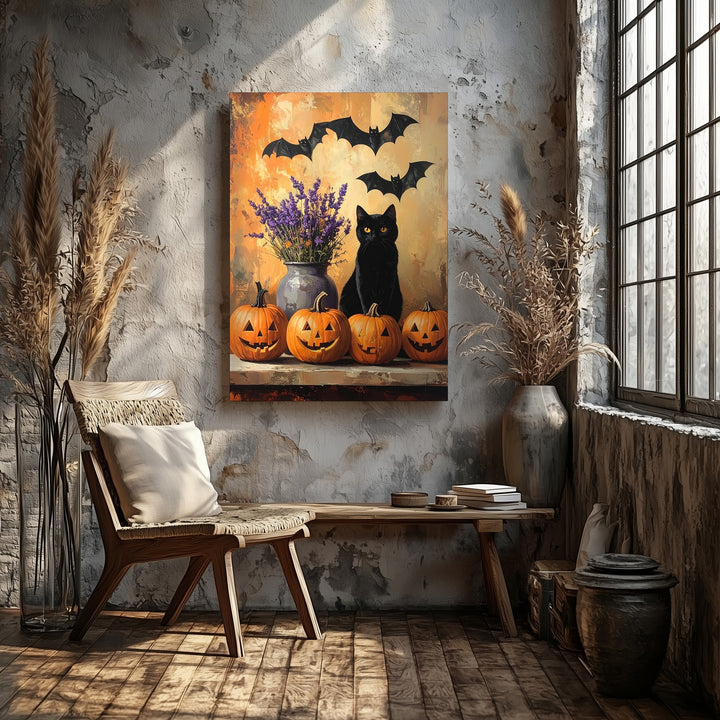 Whimsical Pumpkin & Cat Canvas – Cozy Halloween Folk Art Vignette - Gifitto