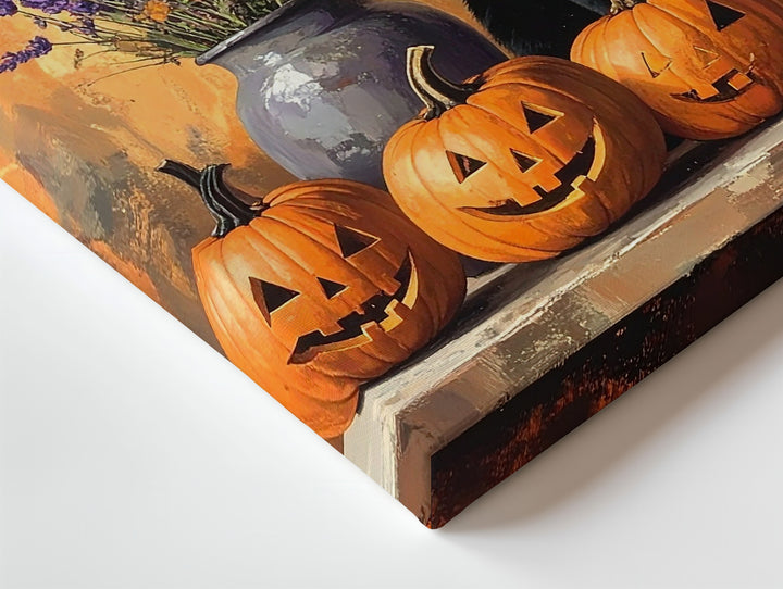 Whimsical Pumpkin & Cat Canvas – Cozy Halloween Folk Art Vignette - Gifitto